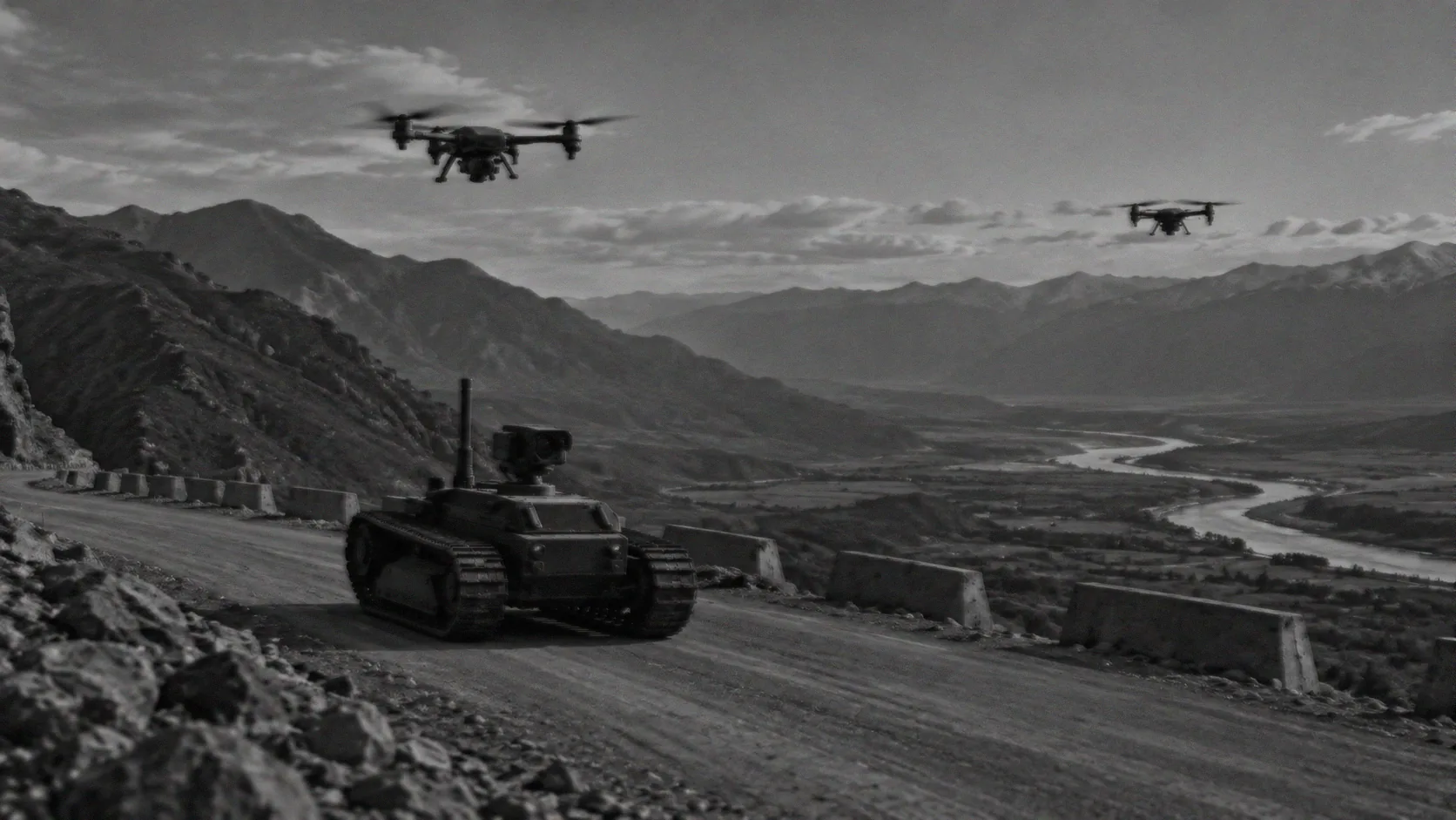 An unmanned ground vehicle escorted by drones along a mountain route