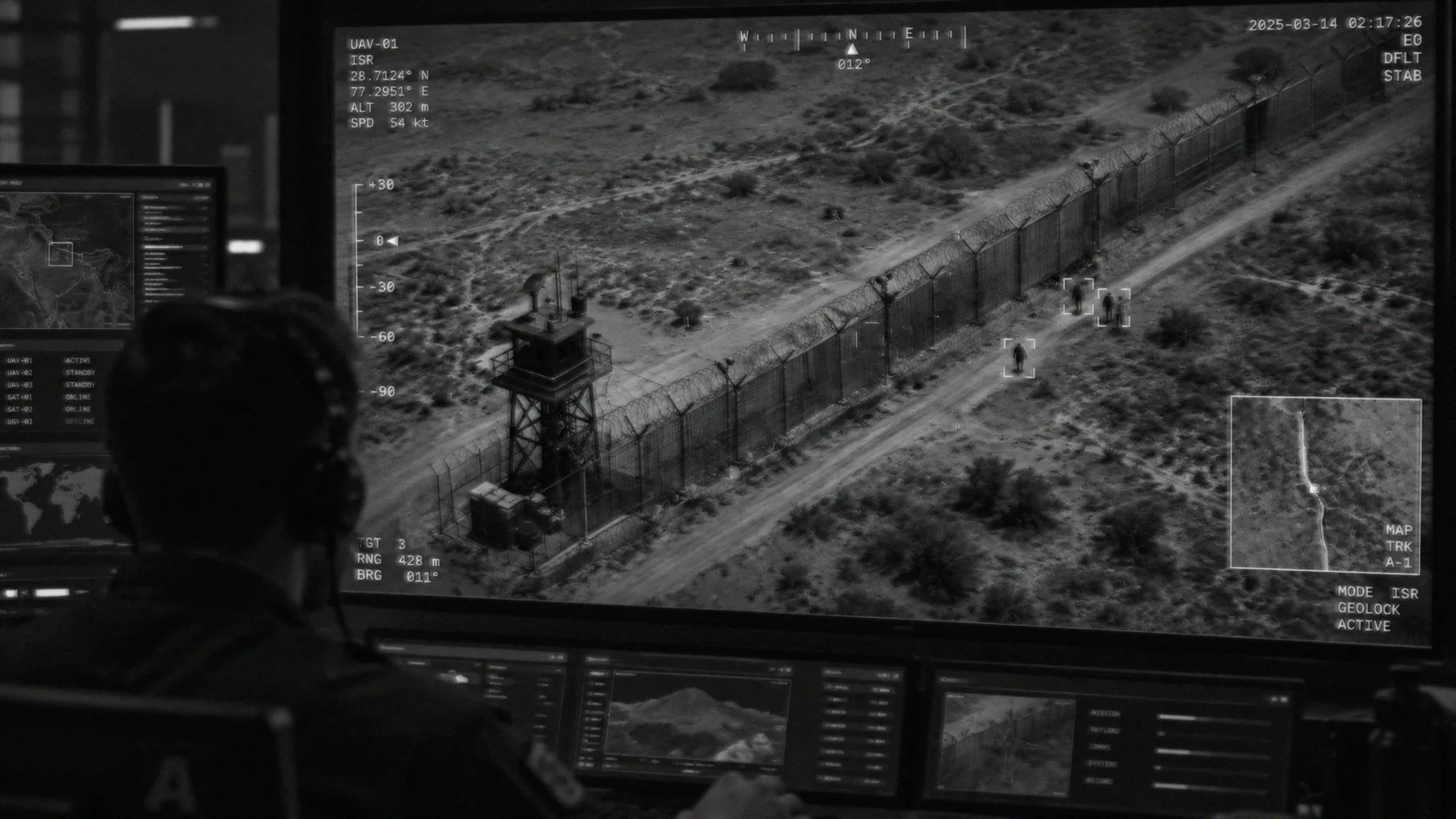 Thermal UAV feed tracking movement along a fenced border sector