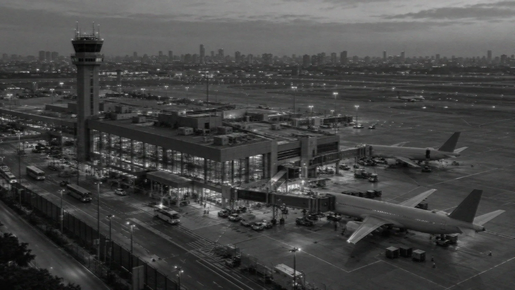 Aerial view of an airport terminal and apron under monitoring at dusk