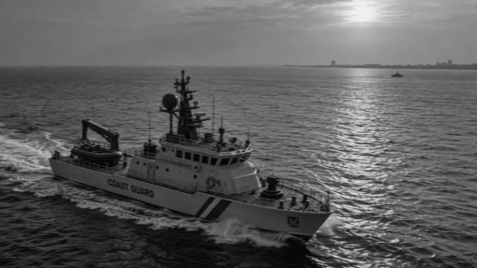 A coast guard vessel patrolling open water near the coastline