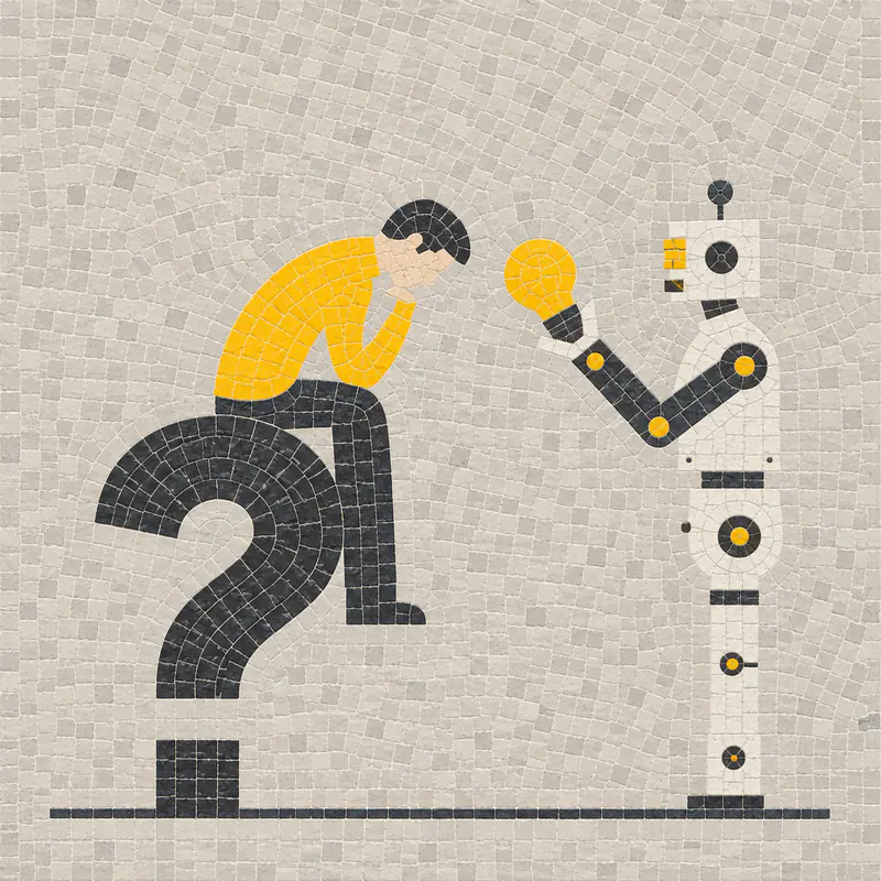 A mosaic illustration of a person seated on a question mark, a robot offering them a light bulb