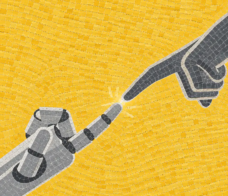 A mosaic illustration of a robotic finger and a human finger almost touching