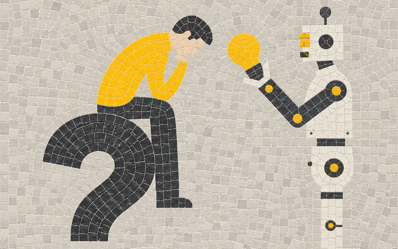 A mosaic illustration of a person seated on a question mark, a robot offering them a light bulb