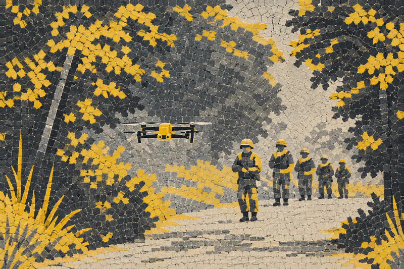 A mosaic illustration of a small drone hovering above a forest track as a column of soldiers advances