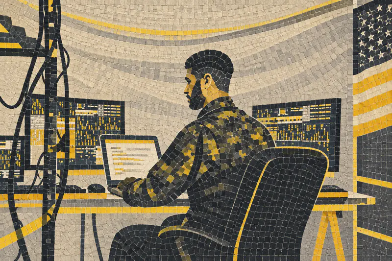 A mosaic illustration of an operator at a desk of screens and cables, an Indian flag behind