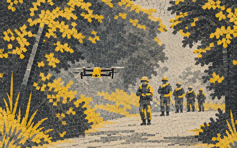A mosaic illustration of a small drone hovering above a forest track as a column of soldiers advances