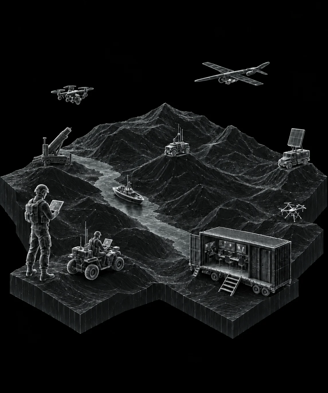 Soldier and mobile operators, an interceptor, a UAV, UGV, USV, radar and recon and ISR drones all linking through a tactical command center; the interceptor repeatedly launches a missile at a hostile contact between the two aircraft