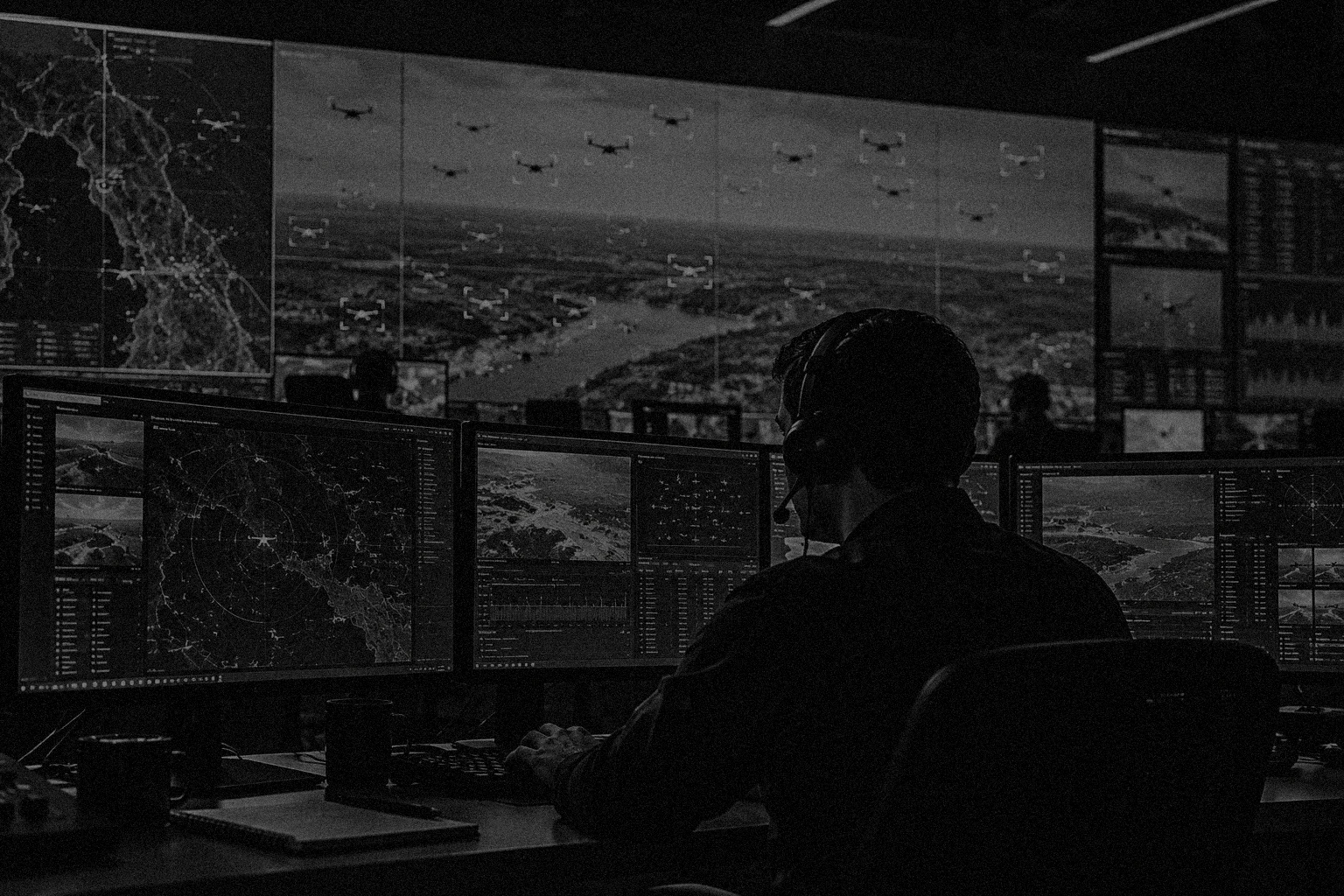 An operator at a multi-screen console, drone tracks overlaid across the surrounding camera and radar feeds